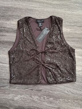 Rachel Zoe Brown Sequin Tie-Front Cropped Lined Vest Size Small